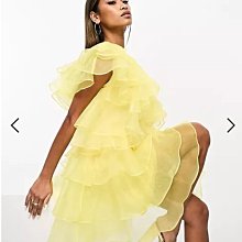 (嫻嫻屋) 英國ASOS-Forever Unique黃色薄紗斜肩單肩領無袖分層裙洋裝禮服EF23