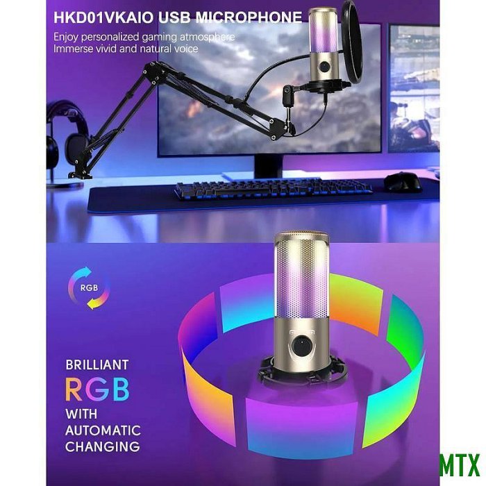 MTX旗艦店电竞麦克风 适用于 PC PS4/5 的 USB 游戏麦克风套件，无损声音录播，带悬臂支架 RGB 灯，用于流媒体