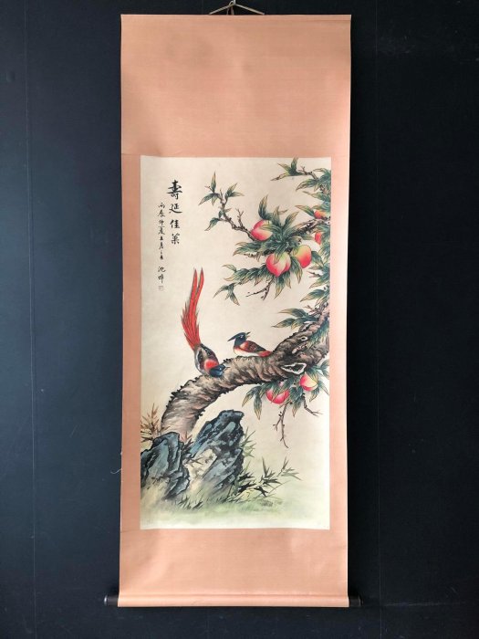 B450【沈焯】壽延佳菓，四尺純手繪作品，尺寸:202＊88cm左右，畫芯尺寸:130*6 字畫 畫作 掛畫【臥龍之地】8715