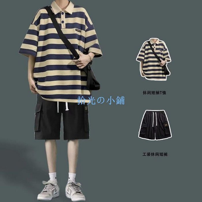 條紋短袖T恤男 M-3XL 夏季寬鬆polo衫 青少年潮牌穿搭單上衣 夏季百搭男裝 藍/ 咖色