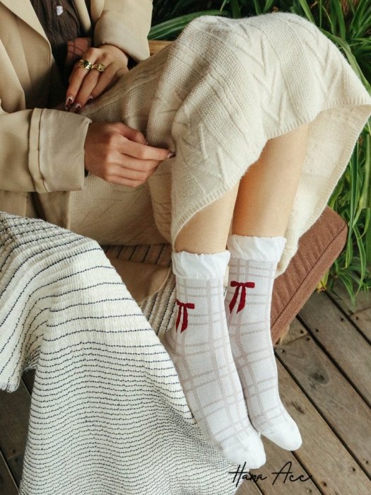 GGORANGNAE韓國東大門方格紋格子蝴蝶結褶皺邊甜美可愛中筒女棉襪