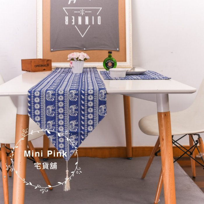 Mini Pink 宅貨舖--泰緬異域風情 藍色大象圖騰條紋 棉麻三角桌旗 多種規格 可客製【A562-2】訂製款