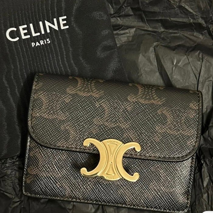 【翰貝格名牌館】全新真品 CELINE TRIOMPHE 老花 凱旋門 帆布 零錢袋 卡片套 10I582