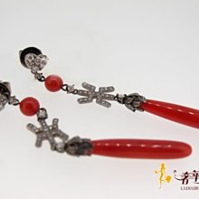 ＊奢華大道國際精品＊【J0560】18K天然紅珊瑚鑲鑽造型穿式耳環