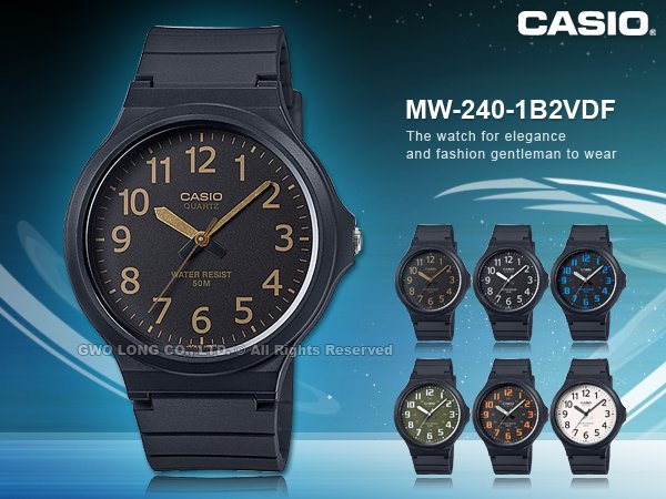 CASIO 手錶專賣店 國隆 MW-240-1B2 CASIO 簡約指針錶 樹脂錶帶 黑X金 防水50米 MW-240
