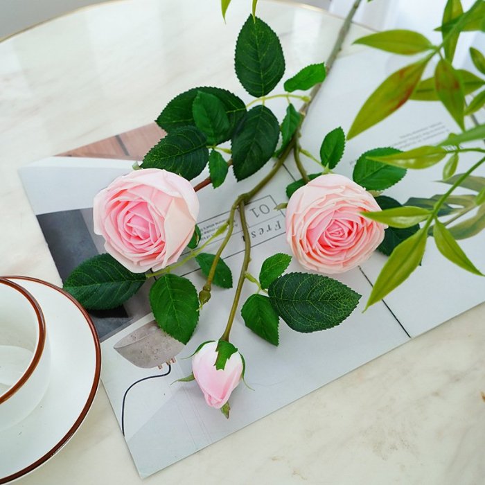 新款3頭手感保濕玫瑰仿真花 ns小清新客廳餐桌裝飾攝影道具假花