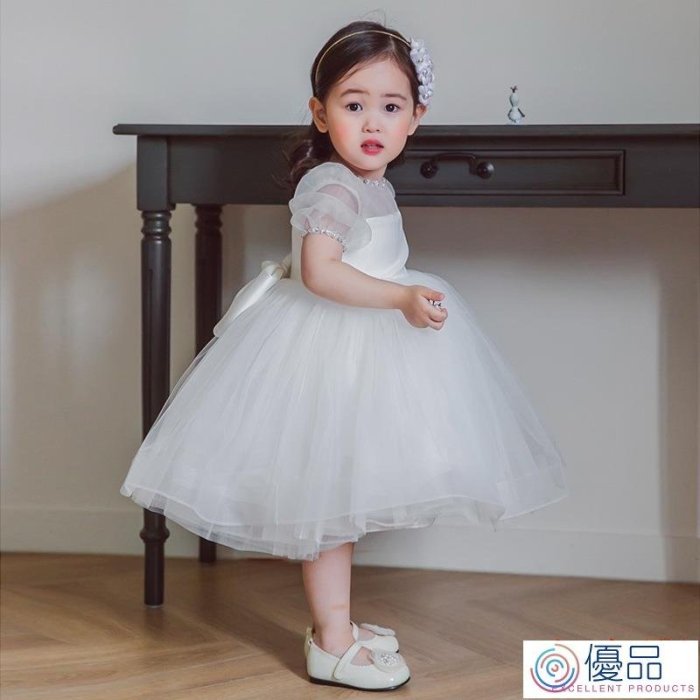 優品 Original兒童禮服2022新款女童表演服白色蕾絲週歲禮服寶寶生日兒童公主裙