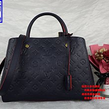 ☆優買二手精品名牌店☆ LV M42746 MONTAIGNE MM 海軍藍 紅色 全皮 壓紋 蒙田包 手提包 肩背包 斜背包 兩用包 醫生包 Alma 全新品