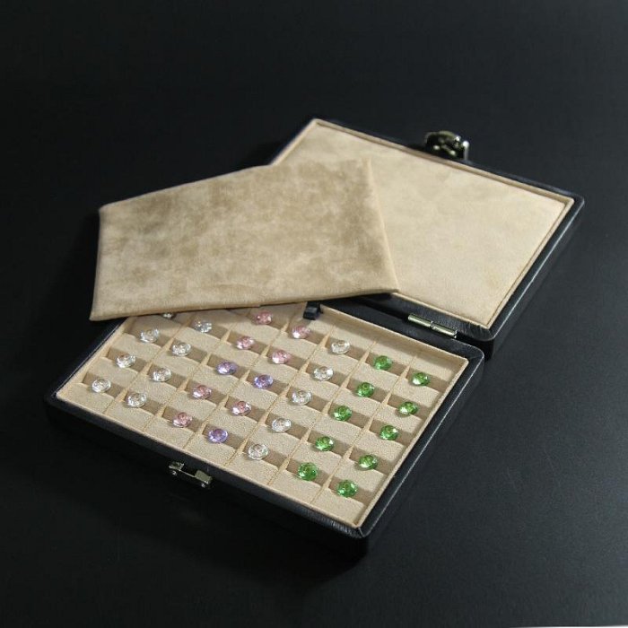 珠寶裸鉆盒裸石展示收納盒子高檔黑色真皮絨布戒面彩色寶石收納盒