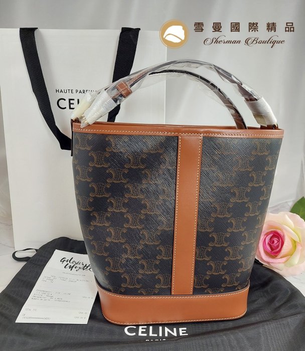 【雪曼國際精品】CELINE TRIOMPHE 黃褐色帆布及小牛皮BUCKET小型手袋／水桶包~全新品現貨