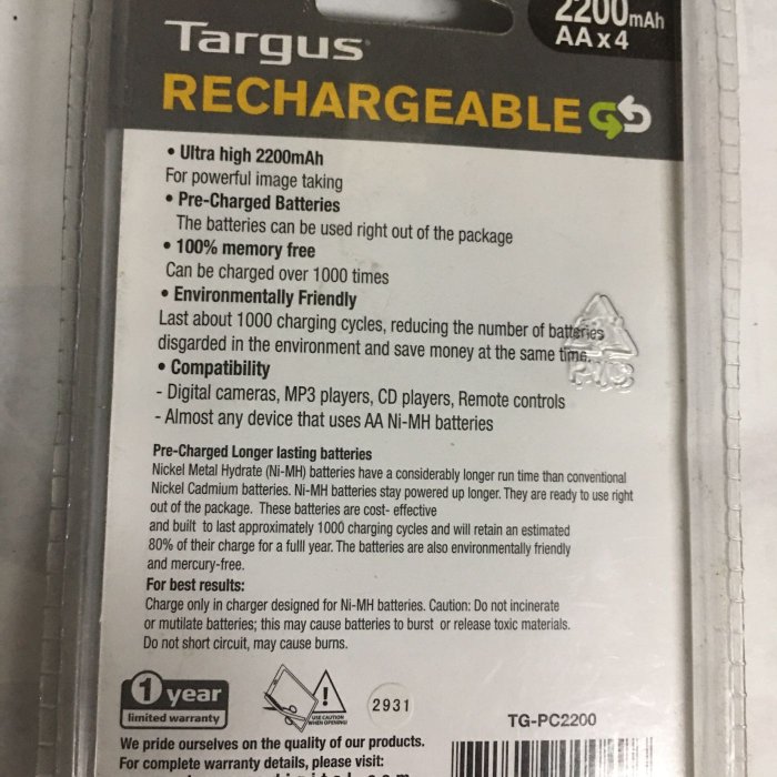 Targus 2200mah AA@4  TG-PC2200 充電電池 相機1.25V