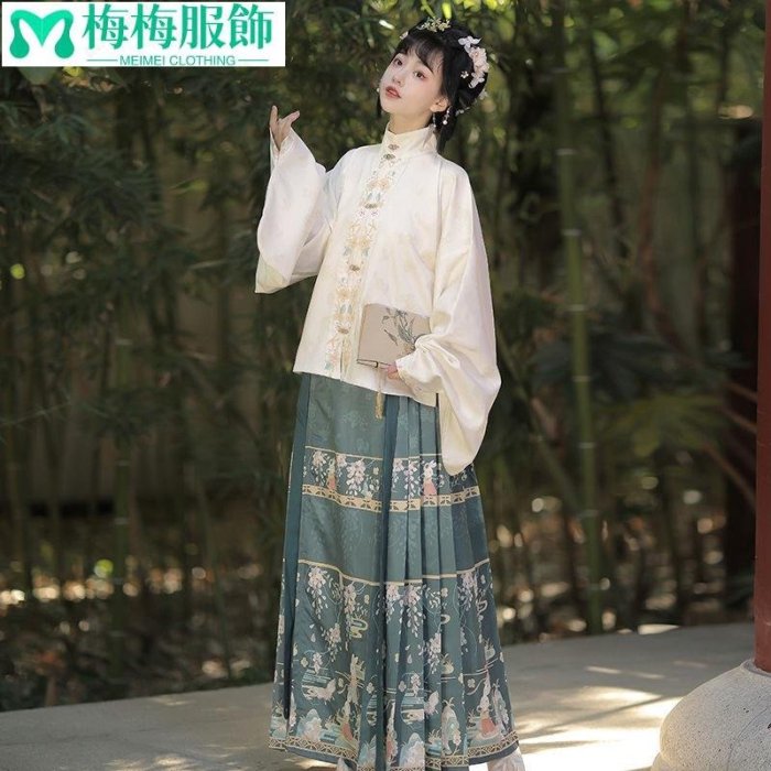 【 優質布料】古著漢服 古代服裝 古著女 中國風女裝 宴花辭原創【仙女兔】漢服女立領對襟短衫琵琶袖馬面裙秋冬款~梅梅服飾