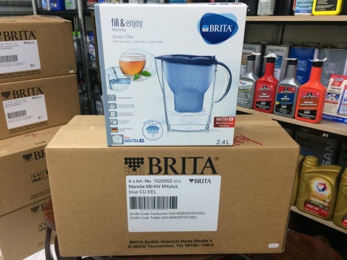 【BRITA 德國】Marella、(L)、2.4L、濾水壺/藍色、附濾芯4顆，4盒裝/箱【德國原裝進口】滿箱區