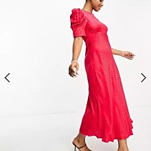 (嫻嫻屋) 英國ASOS-Nobody's Child桃紅色圓領泡泡袖高腰中長裙洋裝禮服EI23