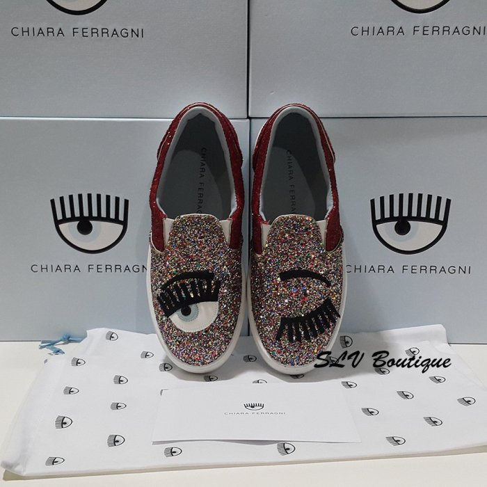 【現貨出清特價】CHIARA FERRAGNI  彩色亮片拼接紅色亮片眨眼厚底鞋 37現貨