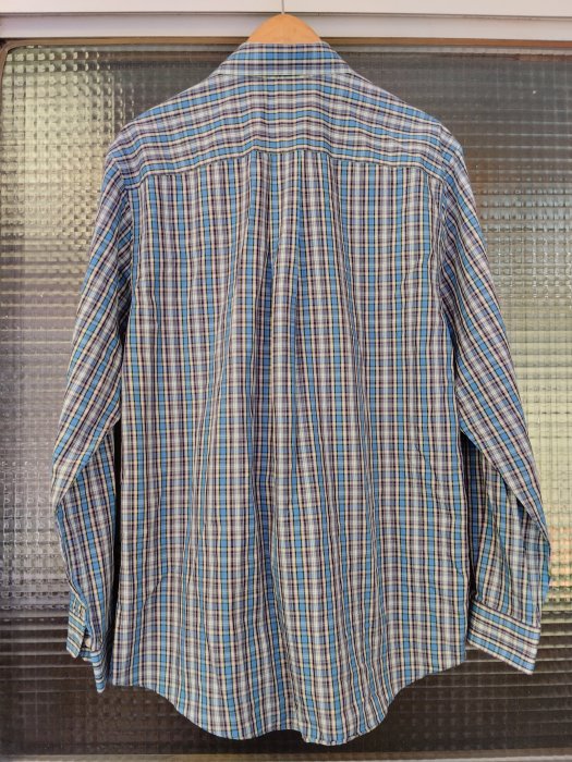美國 Neiman Marcus 頂級百貨公司專櫃藍色白色美式風格格紋純棉防皺長袖休閒襯衫上衣(男)
