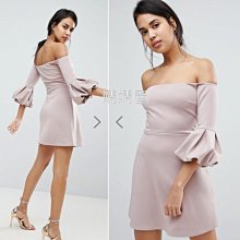 (嫻嫻屋) 英國ASOS-優雅時尚名媛藕粉膚色一字領喇叭泡泡袖A字裙小禮服洋裝 現貨UK8