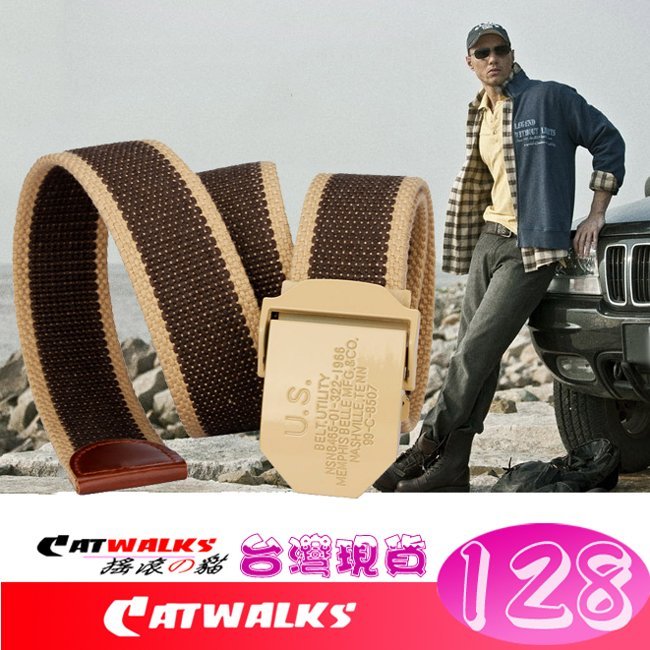 台灣現貨  ＊ Catwalk's 搖滾の貓 ＊ 軍規風金色美軍兵籍卡立體金屬扣加厚帆布腰帶 ( 黑色、白色、卡其色、軍