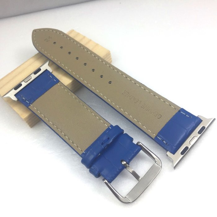 Apple Watch 代用錶帶 藍色 正面牛皮真皮 背面PU人造皮 鱷魚大格紋 錶帶 不鏽鋼ㄇ字釦 42 44