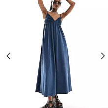 (嫻嫻屋) 英國ASOS-藍色鉤編V領細肩帶性感線條紋長裙洋裝AE24