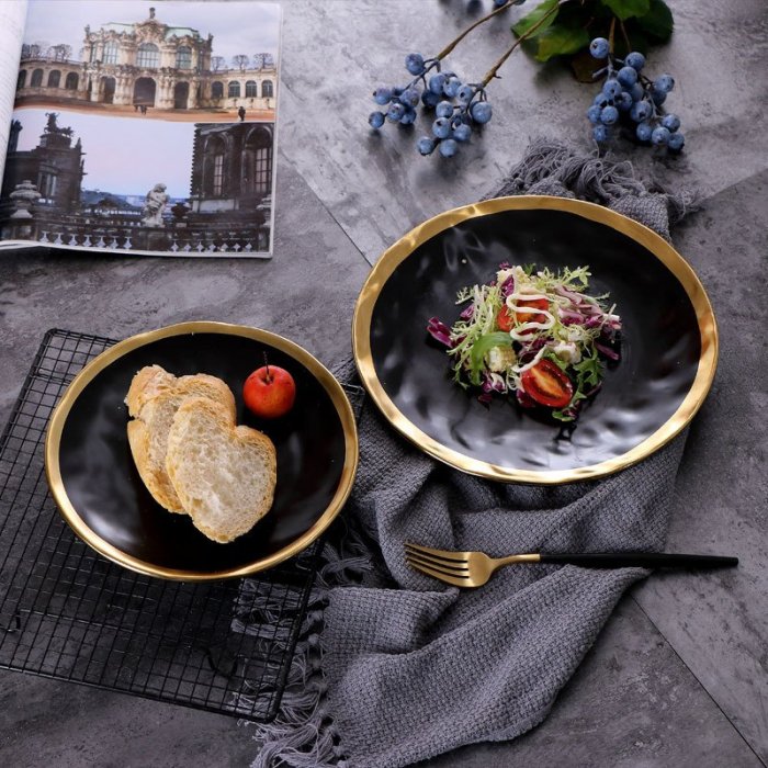 歐式鍍金西餐牛排盤創意菜盤子家用陶瓷沙拉盤餐具圓形水果盤批發