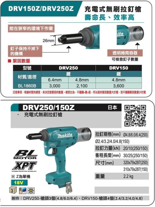 【花蓮源利】Makita 日本 DRV150Z 牧田 18V 充電式無刷拉釘槍 空機 無碳刷 DRV150