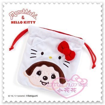 ♥小花花日本精品♥Hello Kitty x Monchhichi絨布造型束口袋縮口袋收納袋大臉蝴蝶結 (預購)