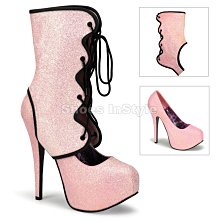 Shoes InStyle《五吋》美國品牌 BORDELLO 原廠正品金蔥厚底高跟包鞋馬靴兩穿 有大尺碼『粉紅色』