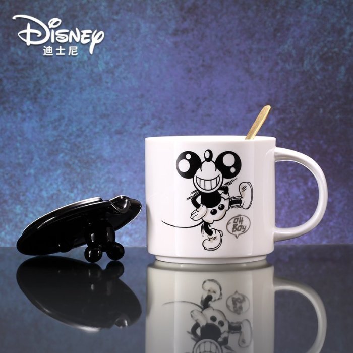 【熱賣精選】 迪士尼米奇水杯 大容量陶瓷杯帶蓋勺創意馬克杯 卡通牛奶咖啡杯子