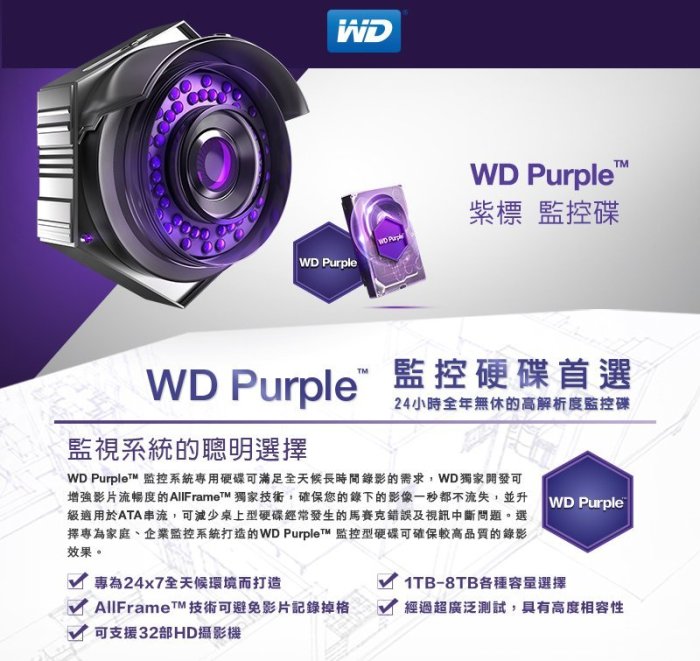 數位監控網~ WD 紫標 8TB 監控專用 硬碟 監視器 8000G 低溫 低轉速 穩定性高 三年保