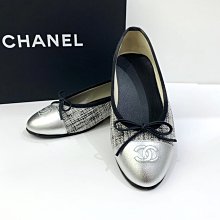 遠麗精品(板橋店) s0458 chanel 灰銀色斜紋軟呢芭蕾舞平底鞋