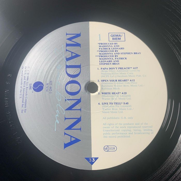 跨世紀流行音樂女皇-瑪丹娜-忠實者 二手專輯（歐洲首版）Madonna - True Blue Album Vinyl