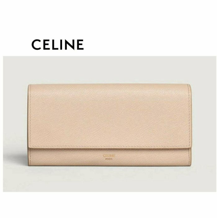 CELINE ►( 淡裸粉色×金屬金色 )   防刮壓紋 真皮 兩摺長夾 錢包 皮夾｜100%全新正品｜特價！