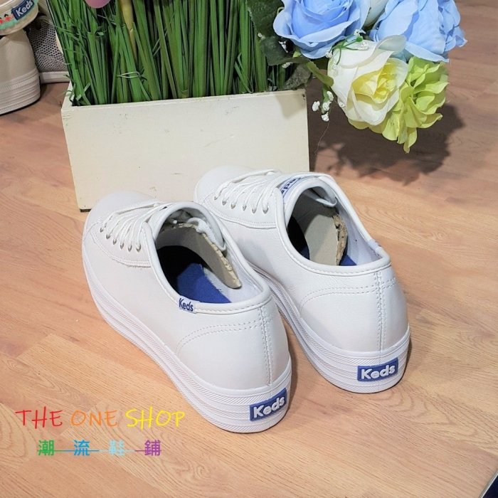 Keds 小白鞋 厚底 白色 全白 荔枝紋 皮革 基本款 增高 3公分 藍標 防潑水 經典款 帆布鞋 WH57310