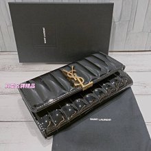 《真愛名牌精品》YSL 539972  直條紋 黑色 亮皮 金字  長夾  **全新品**代購