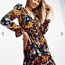 (嫻嫻屋) 英國ASOS-Monki橘色花朵印花V領束口袖洋裝EI23