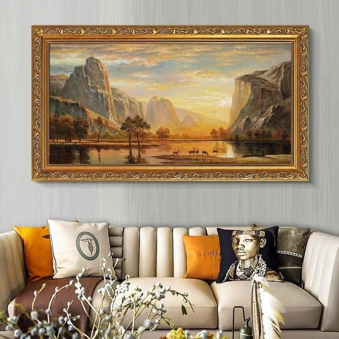 風景油畫客廳沙發背景墻山水橫版掛畫純手繪裝飾畫歐美式手工壁畫~特價
