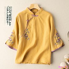 新品 熱賣限時 秒殺棉麻茶服五分袖刺繡斜襟盤扣民族風棉麻藝文復古襯衫女2024春夏新款-May美舍