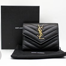 【青蘋果】YSL 403943 BOW01 荔枝皮 人字紋釦子短夾 黑金 零錢包 鈔票夾 二手短夾 #62513