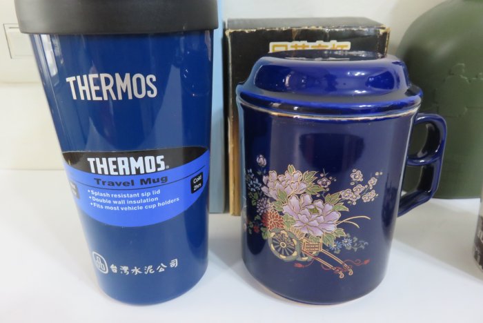 【讓藏】THERMOS 膳魔師冷熱兩用保溫杯+伯朗咖啡杯+藍釉瓷杯+軍用水壺4件一起賣