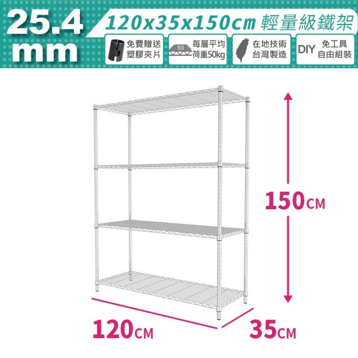 鐵架王 免運費 120x35x150公分 電鍍鉻 輕型四層架 鍍鉻層架 烤漆層架 伺服器架 鐵力士架 波浪架