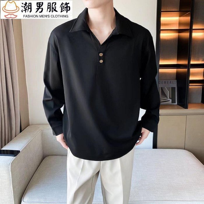 新品 polo衫男 黑白M-2XL 夏男士 青年港風 彈力素色翻領長袖T恤 垂墜感鈕扣襯衫-可開發票