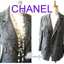 *Beauty*CHANEL香奈兒黑白混織CC LOGO TWEED 呢織七分袖外套 WE15