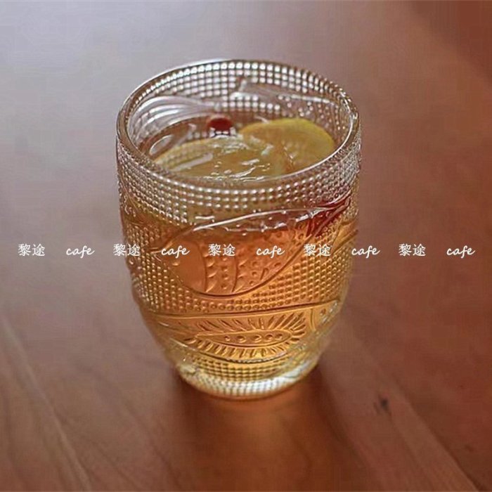 “正品”日式ins魚紋玻璃杯浮雕水杯早餐杯復古小眾異形咖啡杯果汁飲料杯