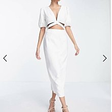 (嫻嫻屋) 英國ASOS-白色V領公主袖部份切口腰過膝裙洋裝EA23