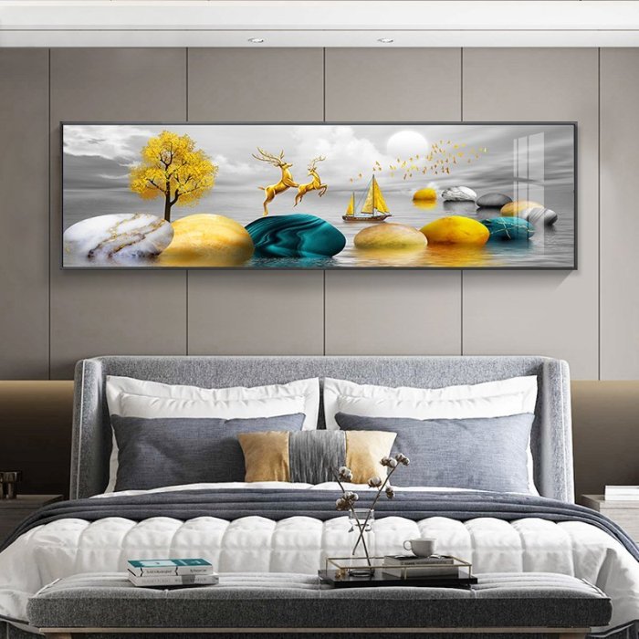 石來運轉臥室床頭裝飾畫鎮宅晶瓷橫板壁畫新中式輕奢大氣床頭掛畫踉踉蹌蹌促銷