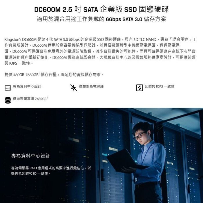 新風尚潮流 【SEDC600M/960G】 金士頓 960GB DC600M SSD 企業級固態硬碟 SATA3 5年保