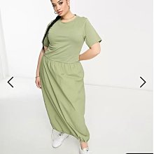 (嫻嫻屋) 英國ASOS-綠色T 卹圓領短袖上衣工裝中長裙洋裝ED23