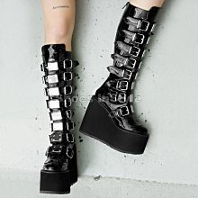 Shoes InStyle《五吋》美國品牌 DEMONIA 原廠正品龐克歌德漆皮厚底楔型中長靴 有大尺碼 『黑色』