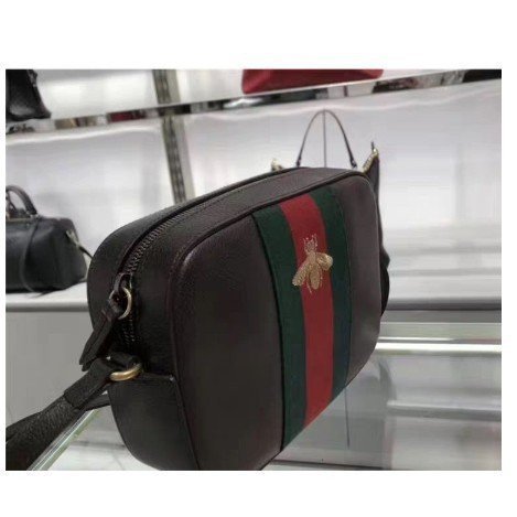 【二手正品】Gucci 412008 crossbody leather bag 綠紅綠繡蜜蜂斜背包 金 有現貨